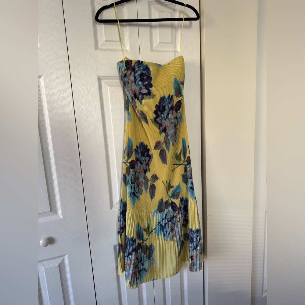 Abercrombie & Fitch Yellow Strapless Pleated Dress with Blue Floral Detail